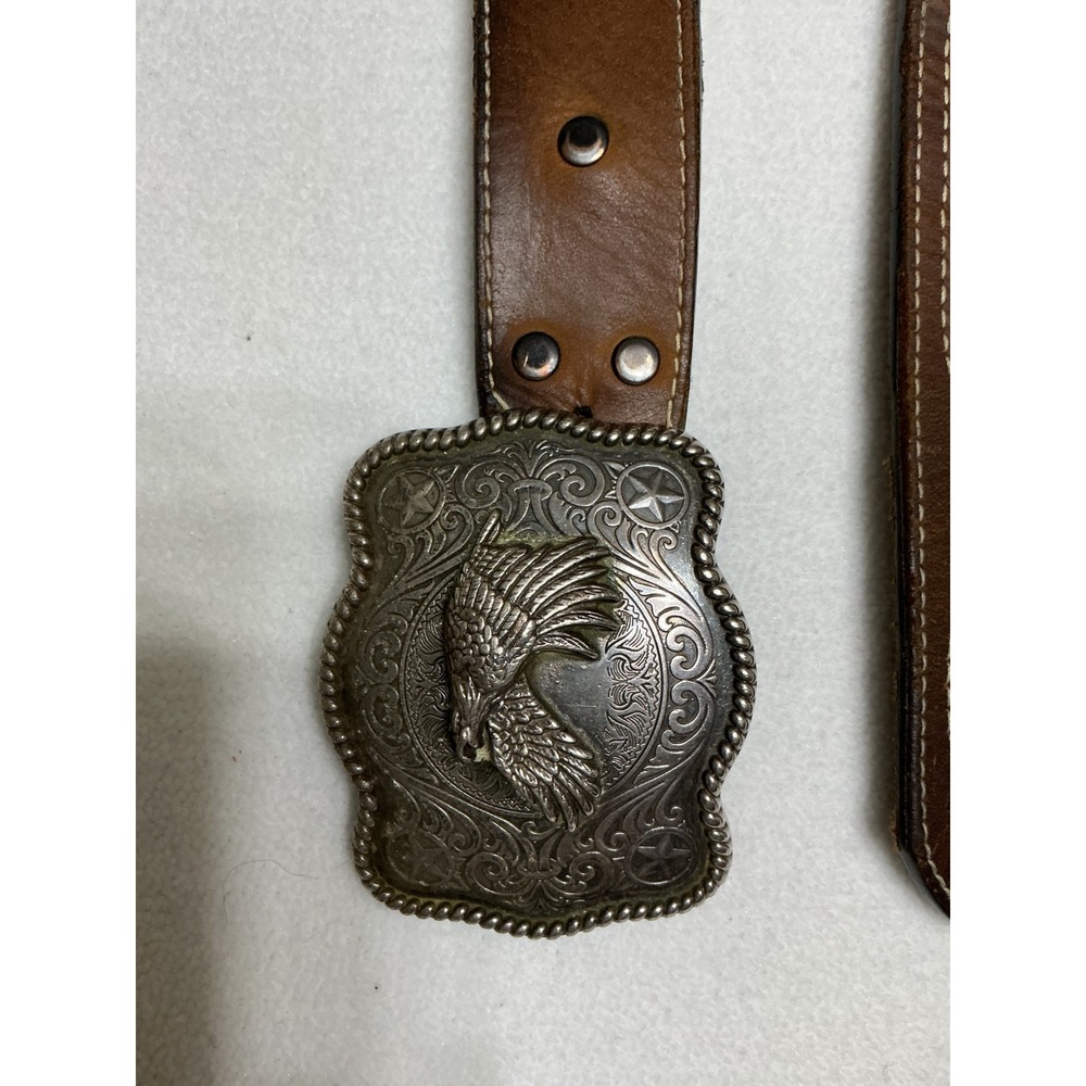 Western Brown Leather Belt 35-39 Large Eagle Buckle Cowboy Vintage Style